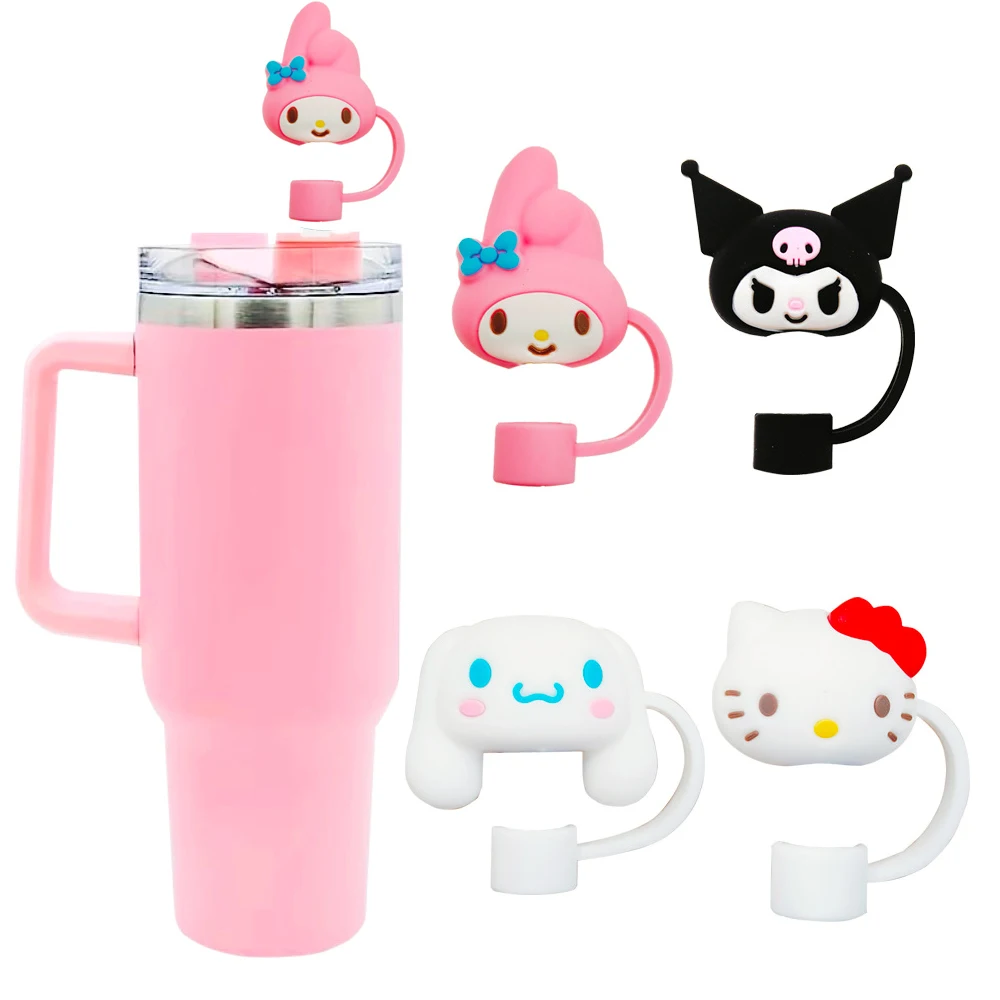 4Pcs Sanrio 헬로 키티 Cinnamoroll Kuromi 멜로디 방진 밀짚 모자 실리콘 밀짚 컵 액세서리 파티 소품 선물