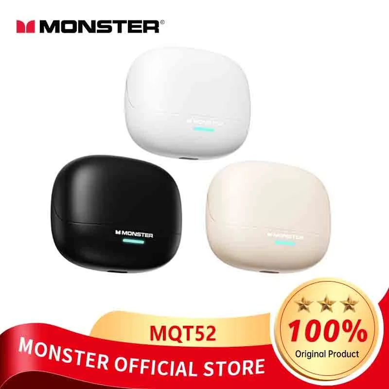 Monster MQT52 TWS Bluetooth 5.4 이어폰 게임용 소음 감소 헤드폰 스포츠 이어 버드 실행 낮은 대기 시간 HD 통화 헤드셋