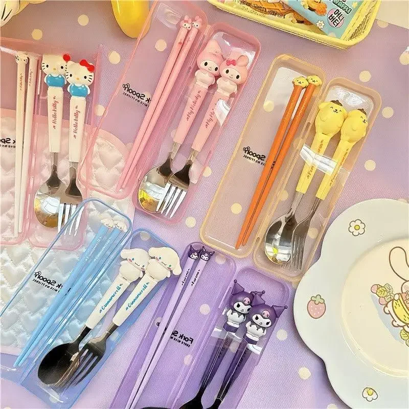 Sanrio Kuromi 헬로 키티 멜로디 어린이 젓가락 스푼 포크 세트 Cinnamoroll 스테인레스 스틸 커트러리 세트 학생 선물 식기