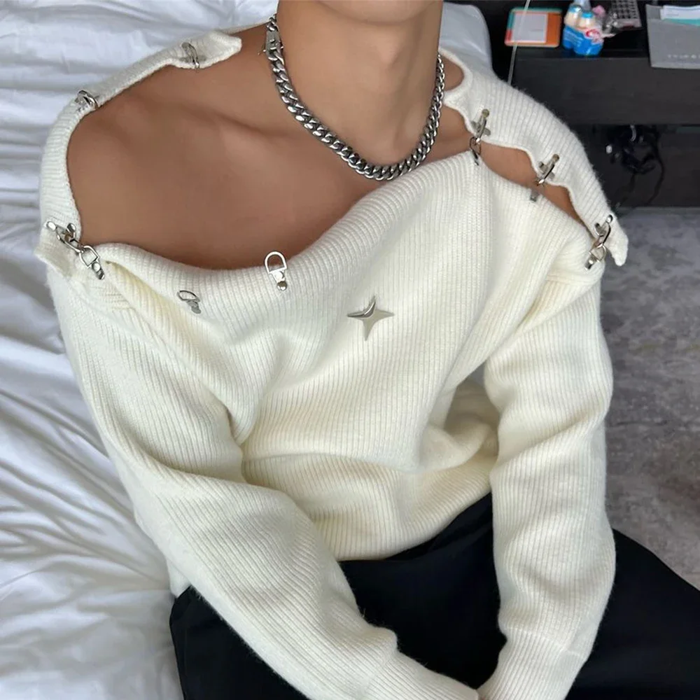 남성 스웨터 섹시한 버클 오프 숄더 스웨터 streetwear 패션 청소년 캠퍼스 다목적 긴팔 탑 남성 의류 new