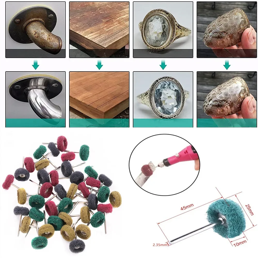 10/50/100pcs 미니 드릴 연마 브러시 나일론 버핑 연마 휠 샌딩 헤드 2.35/3mm 생크 버프 회전 도구 액세서리