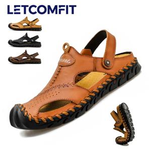LETCOMFIT 수제 소 가죽 신발 남성 호흡 캐주얼 스니커즈 편안한 내구성 고무 바닥 슬립 온 여름 야외 하이킹 샌들