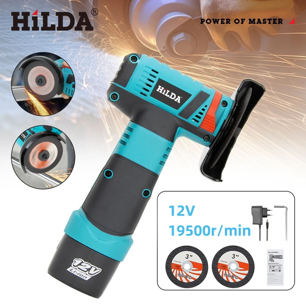 HILDA 12v 미니 앵글 그라인더 3 인치 다이아몬드 연마 및 연삭 절단 용 무선 전동 공구 충전식 앵글 그라인더