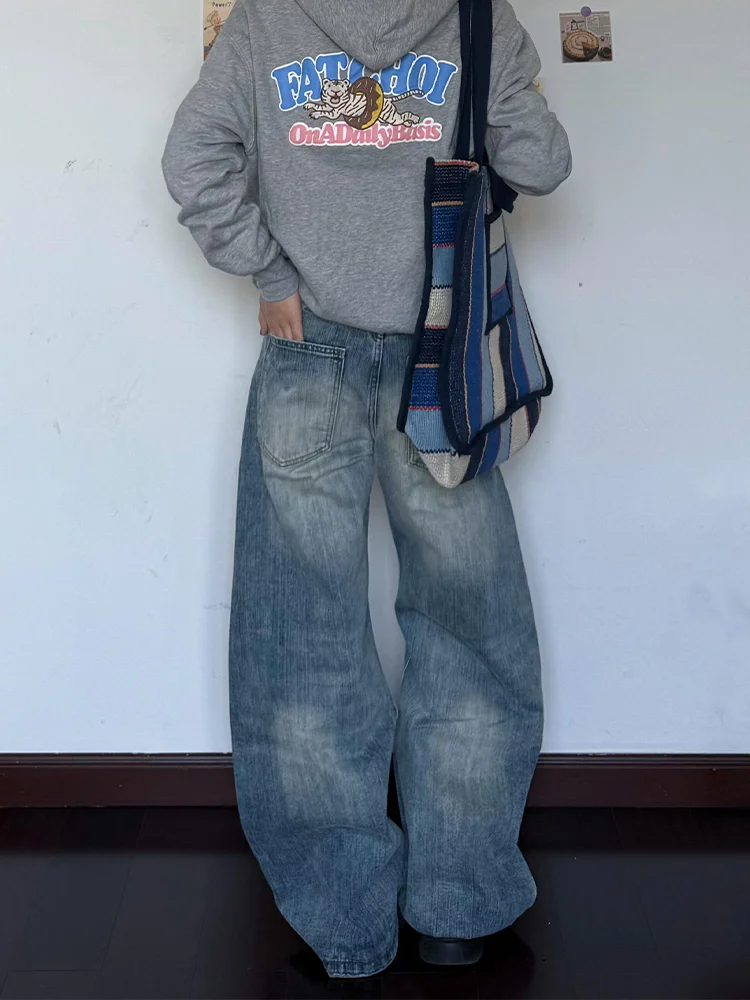대형 아메리칸 하이 스트리트 바이브 착용 청바지 빈티지 워시 루즈 바닥 길이 바지 CleanFit 와이드 레그 하이 웨이스트