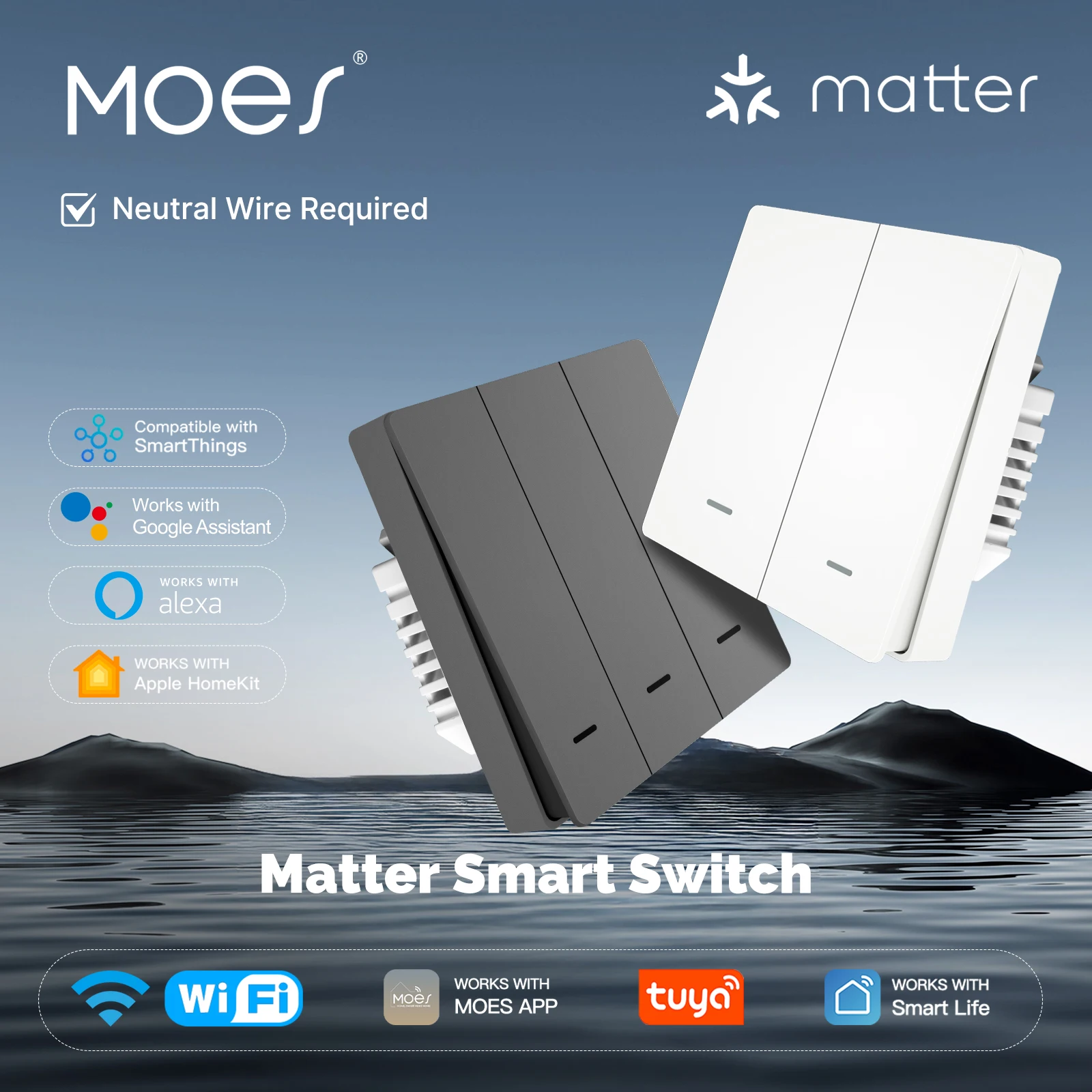 MOES 스마트 라이트 스위치 EU WiFi Tuya Matter, Alexa Google Apple HomeKit SmartThings, 앱 음성 원격 제어와 함께 작동