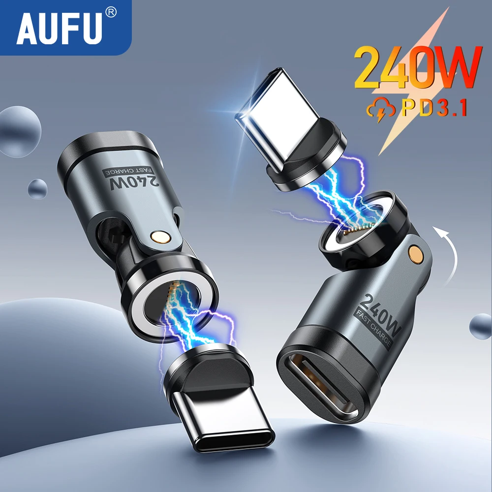 AUFU 2PCS 9Pin 마그네틱 USB C OTG 어댑터 PD 240W 빠른 충전 자석 유형 C 암 커넥터 iPhone Xiaomi Macbook 노트북