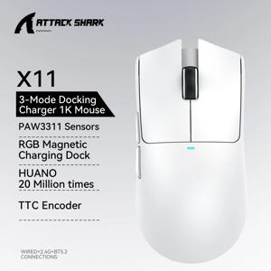 Attack Shark X11 PAW3311 22KDPI 400IPS 무선 마우스, 트라이 모드 연결 2.4GHz/유선/블루투스 RGB PC 게임용 마우스