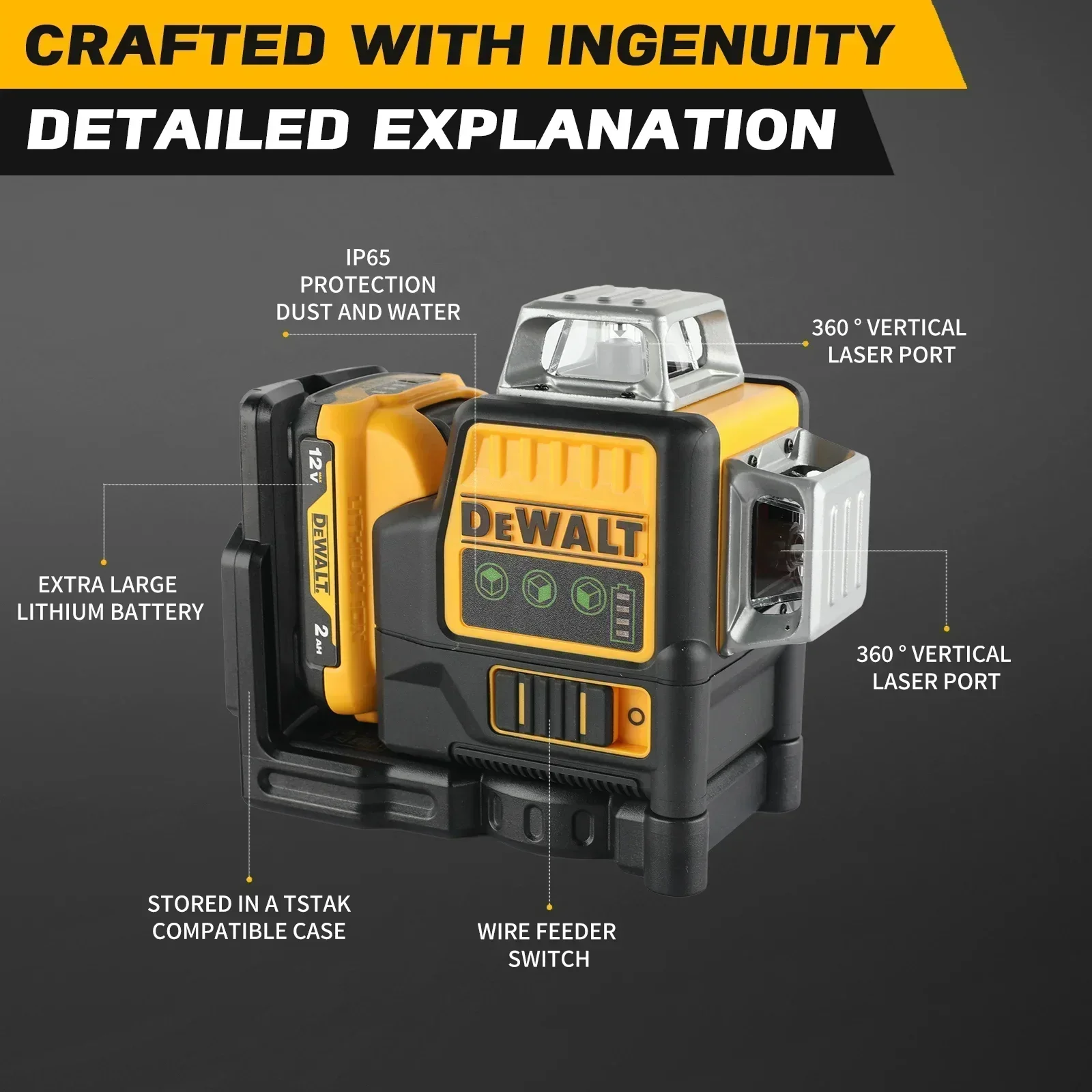 새로운 Dewalt DW089LG 3면 * 360 수직 12V 리튬 배터리 12 라인 레이저 레벨 수평 녹색 미터 야외 도구