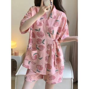 Womens Nightwear Loungewear 기모노 잠옷 학생 반팔 반바지 복숭아 프린트 탑과 바지 세트 잠옷 편안한