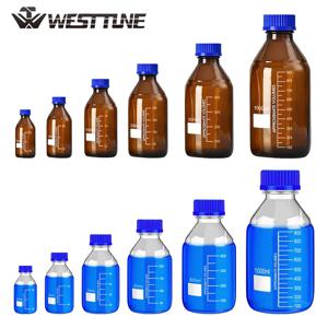 WESTTUNE 1Pcs 25-1000ml 실험실 브라운/클리어 졸업 라운드 시약 병 파란색 GL45 스크류 캡이있는 유리 미디어 저장 병