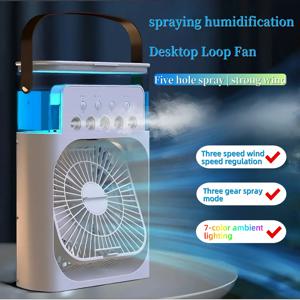 스프레이 팬 휴대용 가정용 3 in 1 소형 공기 냉각기, 7색 LED 야간 조명, 5홀 가습기, 1~3시간 타이머