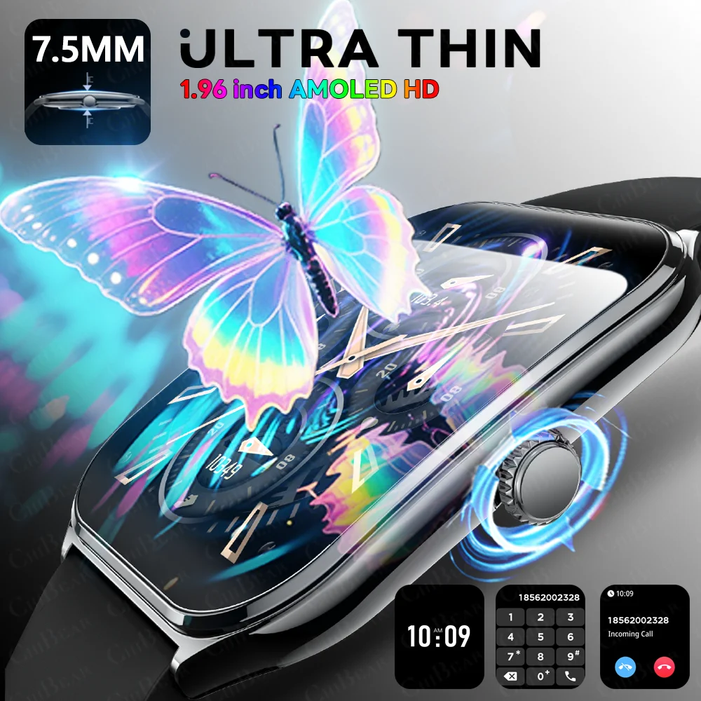 2025 신형 7.5MM 초슬림 스마트워치 남성용 1.96인치 AMOLED 스크린 상시표시 시간 심박수 스포츠 방수 BT 통화 스마트워치