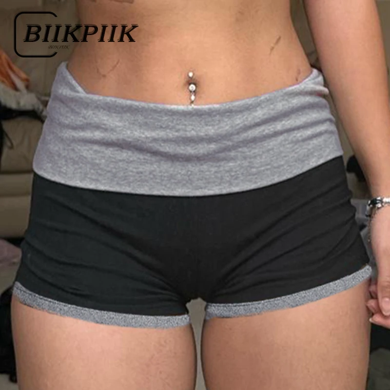 BIIKPIIK 대비 색 패치 워크 반바지 여성 스포티 한 신축성있는 허리 스키니 미니 반바지 캐주얼 바지 올 매치 피트니스 조깅