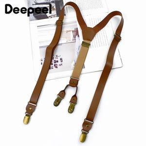 Deepeel 남성용 레트로 멜빵 4 클립 스트랩, 남녀공용 가죽 Y자형 서스펜더 PU 미끄럼 방지 슬링 클립, 캐주얼 남성 브레이스, 3*95cm