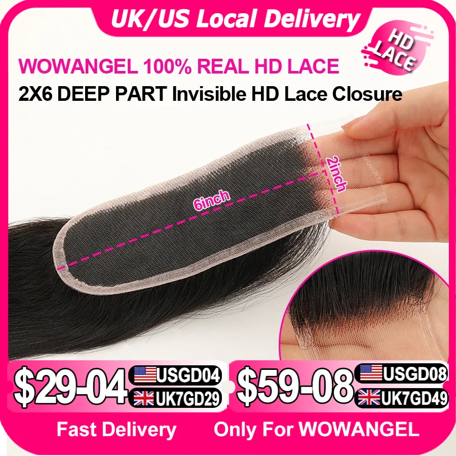 WOWANGEL 2x6 딥 파팅 HD 레이스 클로저 정면 전용 멜트 스킨 스트레이트 헤어 Kim K 클로저 Pre Plucked Virgin Hair For Women