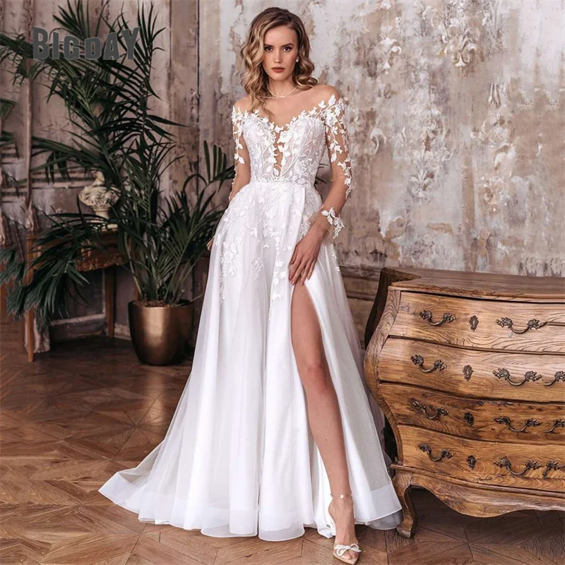 우아한 a 라인 웨딩 드레스 여성 오픈 백 v 넥 레이스 긴 소매 사이드 분할 tulle 신부 가운 vestidos de noiva 맞춤형