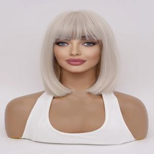 여성용 베이지 금발 단발 스타일 하이 퀄리티 앞머리 가발, 내열성 화학 섬유 가발, 데일리 페스티벌 u