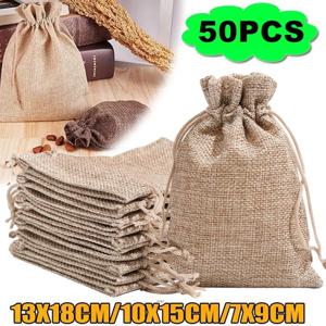 15-50 면과 대마 번들 포켓 선물 가방 어린이 날 선물 포장 가방 DIY 캔디 웨딩 제품 포장