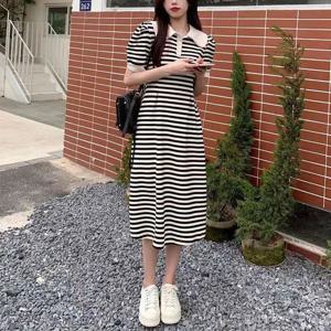 스타일아유 배색 퍼프 스트라이프 카라넥 캐주얼 원피스 OP1809