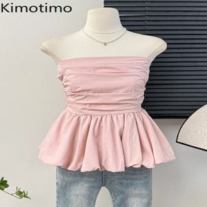Kimotimo 여성용 프렌치 원 숄더 플리츠 슬림 튜브 탑, 섹시한 허리 프릴 민소매 조끼, Y2k 솔리드 올 매치 탱크, 여름