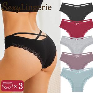 3PCS 여성 코 튼 속옷 섹시 한 레이스 가장자리 숙 녀 팬티 스트랩 팬티 중반 허리 솔리드 컬러 여성 편안한 속옷 팬티