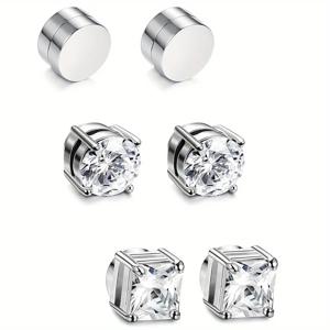 1/3Pairs 남자를위한 6MM 크리스탈 마그네틱 No-Pierce 스테인레스 스틸 스터드 귀걸이 펑크 지르콘 자석 귀걸이 비 피어싱 쥬얼리