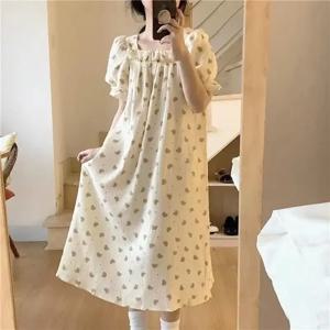 귀여운 Nightwears 중간 길이 한국어 버전 여성 홈웨어 드레스 새로운 잠옷 잠옷 수면 여름을위한 여성 면화 의류