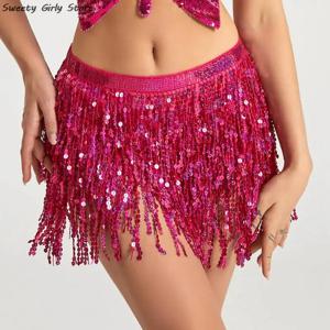 라틴 댄스 연습 드레스 스팽글 벨트 여성 밸리 댄스 스커트 성능 Clubwear 체인 술 보헤미안 엉덩이 허리 스카프
