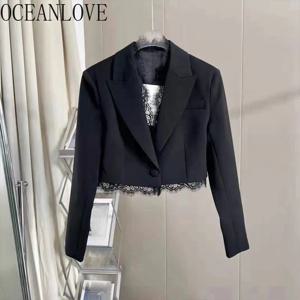OCEANLOVE 블랙 레이스 블레이저 여성 솔리드 봄 가을 한국 패션 짧은 Outwears 패치 워크 우아한 블레이저 Mujer