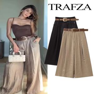 TRAFZA 여성 새로운 패션 솔리드 벨트 주름 장식 캐주얼 루즈 바지 여성 세련된 지퍼 사이드 포켓 ​​슬림 와이드 레그 바지