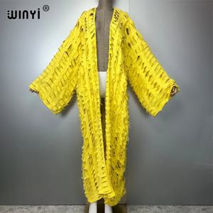 WINYI 여성용 새 맥시 기모노 코트 오버코트 홀 데님 카디건 롱 다운 코트 커버 비치 의상 여성 abaya dubai luxury