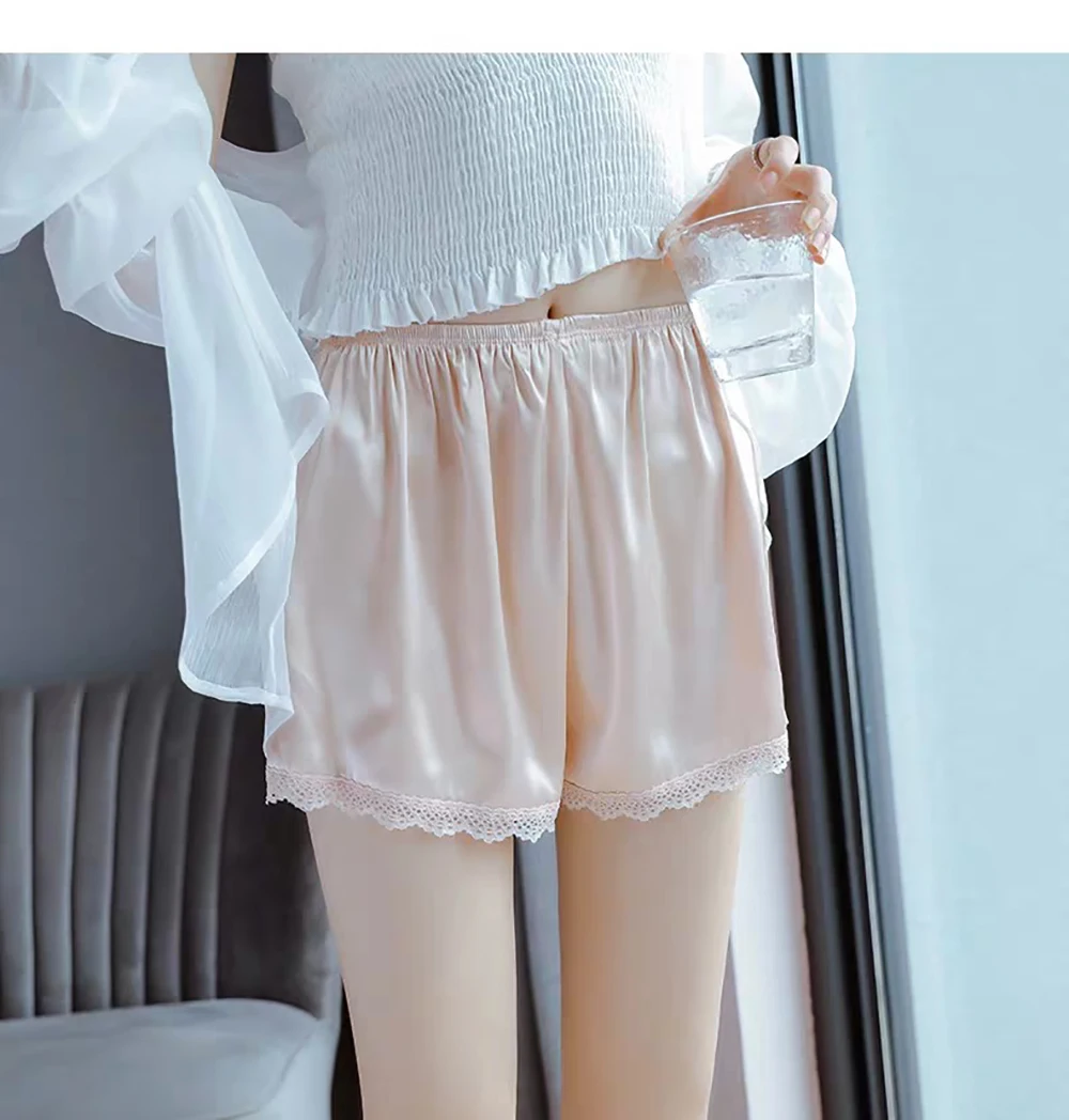 여성 봄 여름 새틴 실크 레이스 안전 반바지 바지 느슨한 탄성 허리 홈 수면 반바지 Nightwear Bottom Thin Pajamas