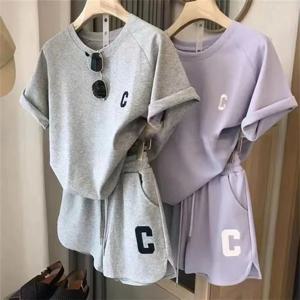 여성 Tracksuit C 문자 인쇄 짧은 소매 티셔츠 Drawstring 반바지 스포츠 정장 레이디 운동 티셔츠 반바지 투피스 양복