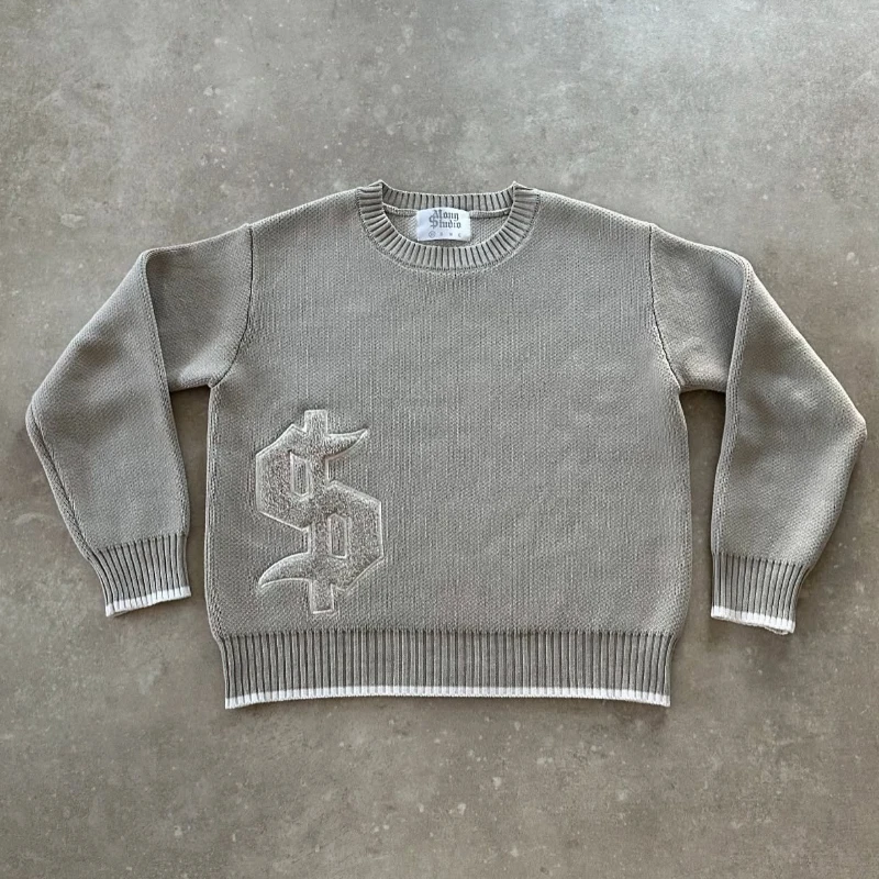 Y2K 그레이 긴 소매 스웨터 달러 고딕 자수 풀오버 고스 레트로 캐주얼 streetwear 올드 머니 남자 박시 니트 의류