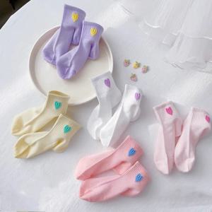 면 소재의 다채로운 색상의 아동용 여아 발목 양말, 여름용 메쉬 캔디 스윗 귀여운 하트 무늬 부드럽고 통기성 좋은 반양말 (어린이용)