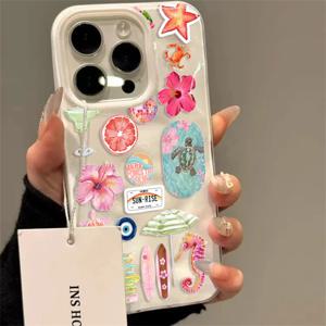 접이식 텍스처 소프트 폰 케이스 (아이폰 16 15 14 13 12 11 Pro Max 15 Plus) 여름 바다 꽃 해마 거북이 프린트 커버