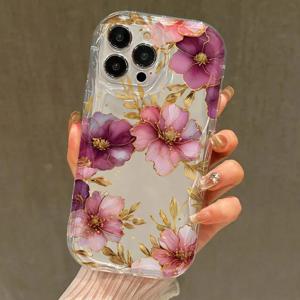 금박 꽃무늬 투명 폰 케이스 (아이폰 11, 12, 13, 14, 15, 16 Pro Max, XS, X, XR, 7, 8 Plus, 16e, 2022) 충격 방지 소프트 커버