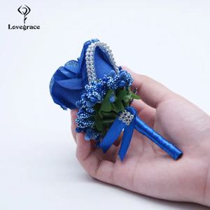 신부 신랑 코사지 인공 실크 로즈 Boutonniere 손목 꽃 블루 핀 브로치 웨딩 장식 수술 다이아몬드 화이트 플로레스
