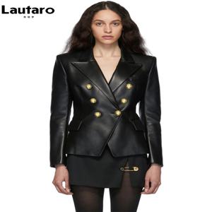 Lautaro 여성용 짧은 PU 가죽 블레이저, 긴 소매 골든 버튼, 더블 브레스트, 유럽 패션, 우아한 럭셔리, 봄, 가을
