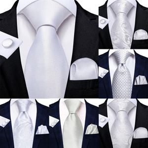 남자 넥타이 화이트 슬리버 Hanky ​​커프스 단추 세트 남자를위한 실크 넥타이 웨딩 파티 비즈니스 남자 넥타이 2022 새로운 패션 브랜드 Hi-Tie