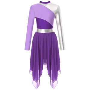 Womens Modern Lyrical Christian Dance Leotard Dress 긴 소매 불규칙한 밑단 튜닉 드레스 Waltz Ballroom Praise Dance Costume