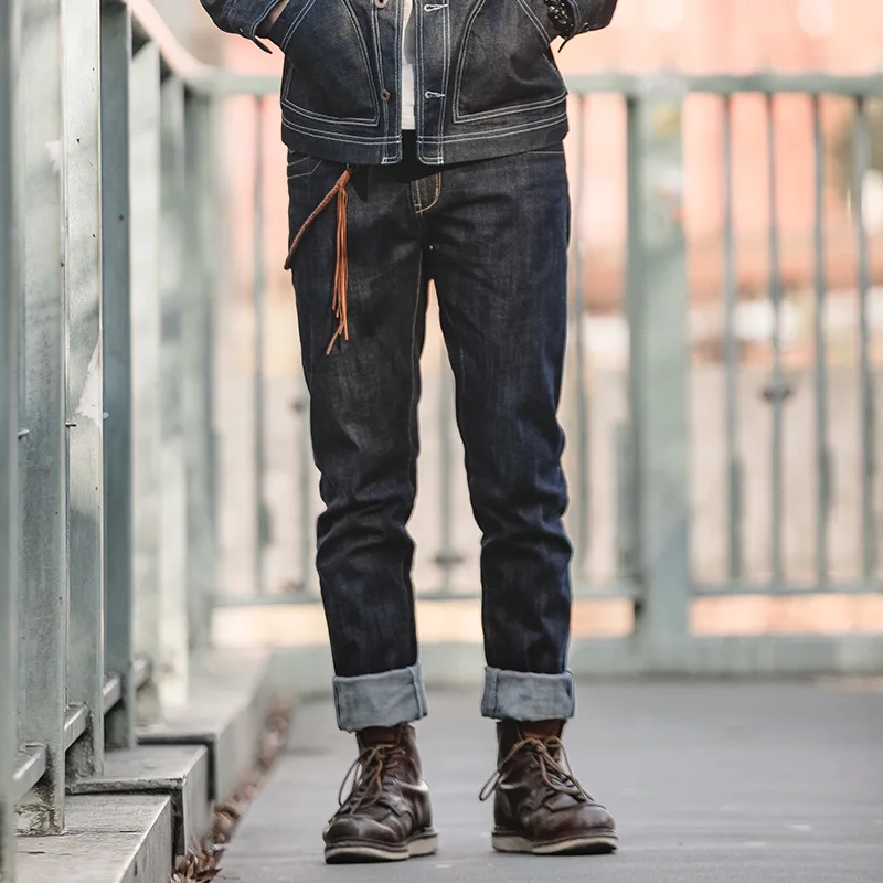 Maden Vintage 14oz Selvedge Raw 데님 청바지 말총 가죽 패치 스트레이트 피트 청바지 남성 봄, 가을 파리 버클 바지