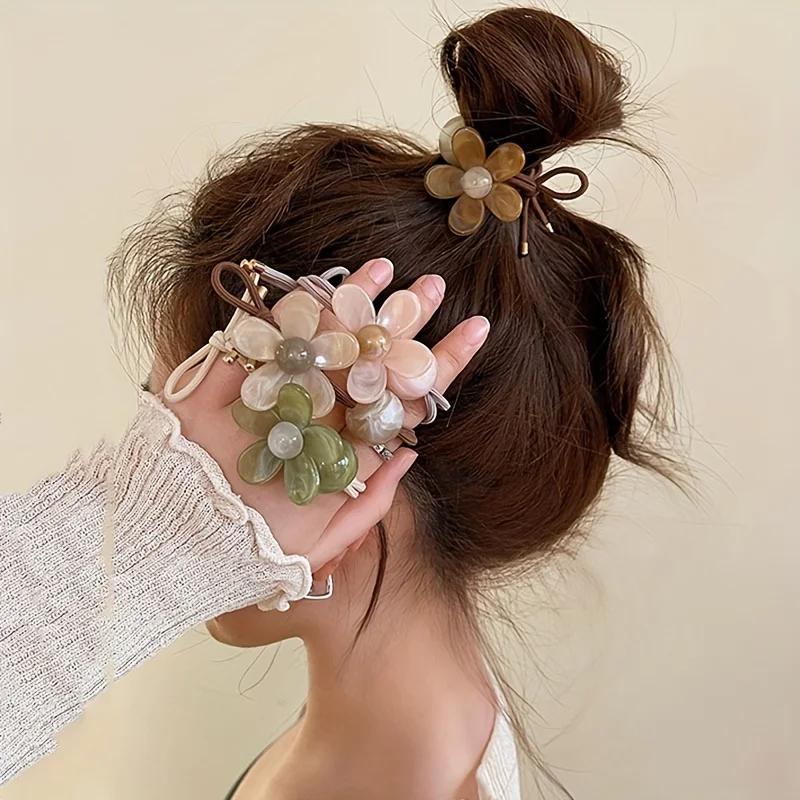 3Pcs 새로운 패션 여성 달콤한 헤어 타이 세트 귀여운 꽃 탄성 헤어 밴드 헤어 밧줄 Scrunchies 모자를 쓰고 있죠 헤어 액세서리