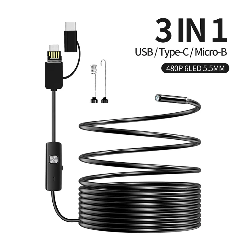 내시경 카메라 USB-C 보어스코프 검사 카메라, 6 LED 조명, 유연한 방수 스네이크 카메라, OTG 안드로이드 폰 PC용