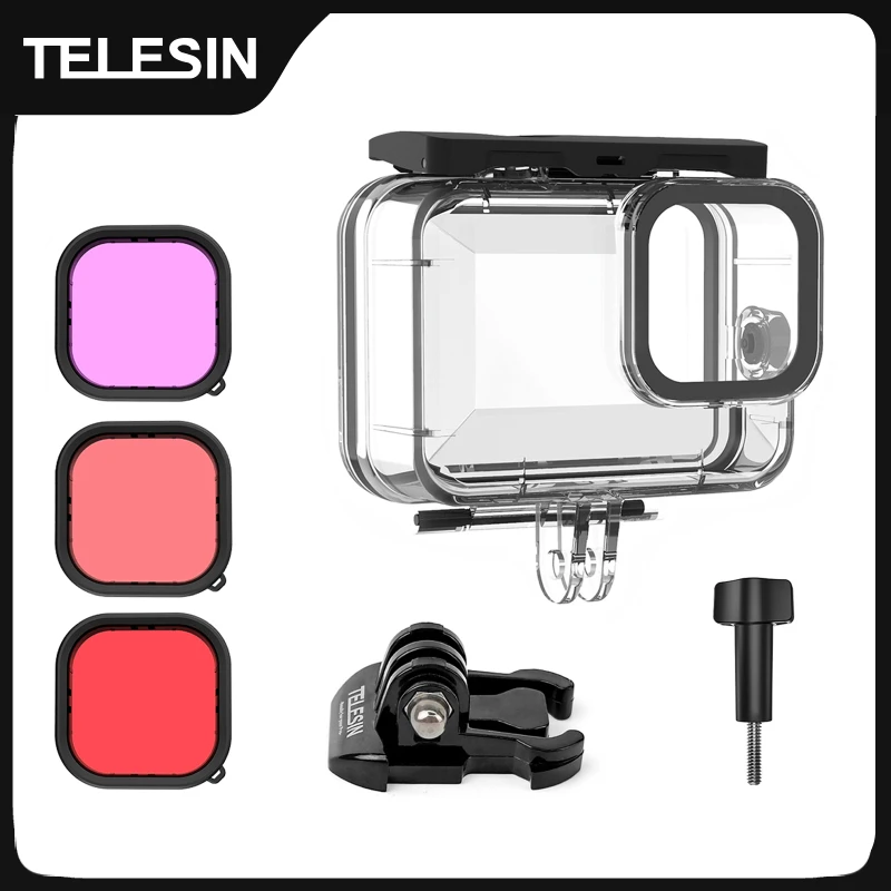 TELESIN 60M 방수 케이스 GoPro Hero 13 12 11 10 9 필터 액션 카메라 액세서리가있는 수중 다이빙 하우징 커버