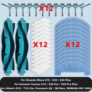 호환 Dreame Mova E10, E20, E20 Plus / Trouver E10, E20 Pro, E20 Pro Plus / Ultenic D10, T10 Lite, T20 Pro / Proscenic Q8, Q8 Max / MONSGA MS1 MAX 교체 부품 액세서리, 메인 사이드 브러시 걸레 천 필터