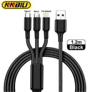 NNBILI 3 in1 충전 케이블 멀티 USB 포트 다중 USB 충전 코드 유형 C 마이크로 충전기 iPhone 14 13 12 용 휴대 전화 와이어