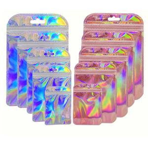 50pcs 100pcs 핑크 레이저 지 플락 가방 보석 포장에 대 한 재사용 가능한 플라스틱 투명 가방 화장품 소매 디스플레이 가방