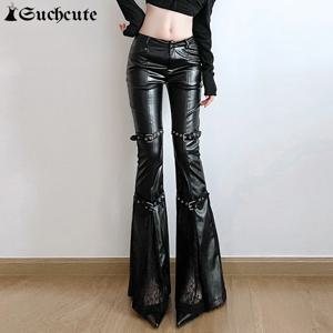IAMSURE 섹시한 패치 워크 Pu 가죽 플레어 바지 캐주얼 슬림 로우 웨이스트 바지 여성 2024 가을 겨울 패션 streetwear Ladies