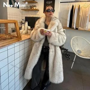 네오 민트 Slouchy 세련된 그라데이션 긴 에코 가짜 모피 코트 여성 겨울 두꺼운 따뜻한 푹신한 여우 모피 자켓 브랜드 패션 걸스 오버 코트
